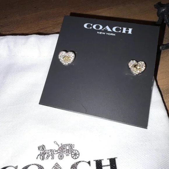 Coach Crystal Heart Logo Stud Earrings Gold Clear Pavé C NWT - Picture 2 of 4